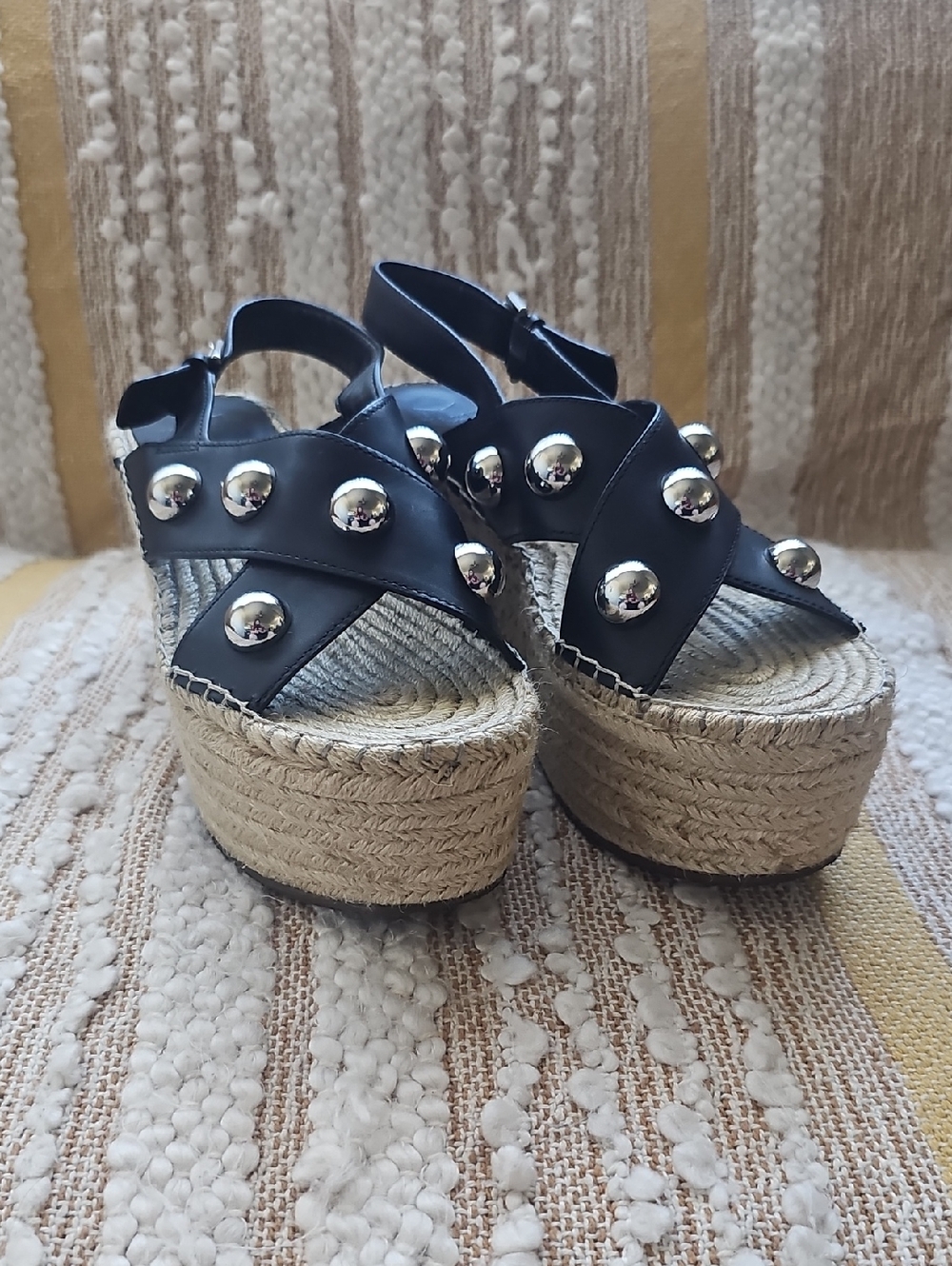 Marc Fisher Rella Black Studded Espadrille Platform Sandals